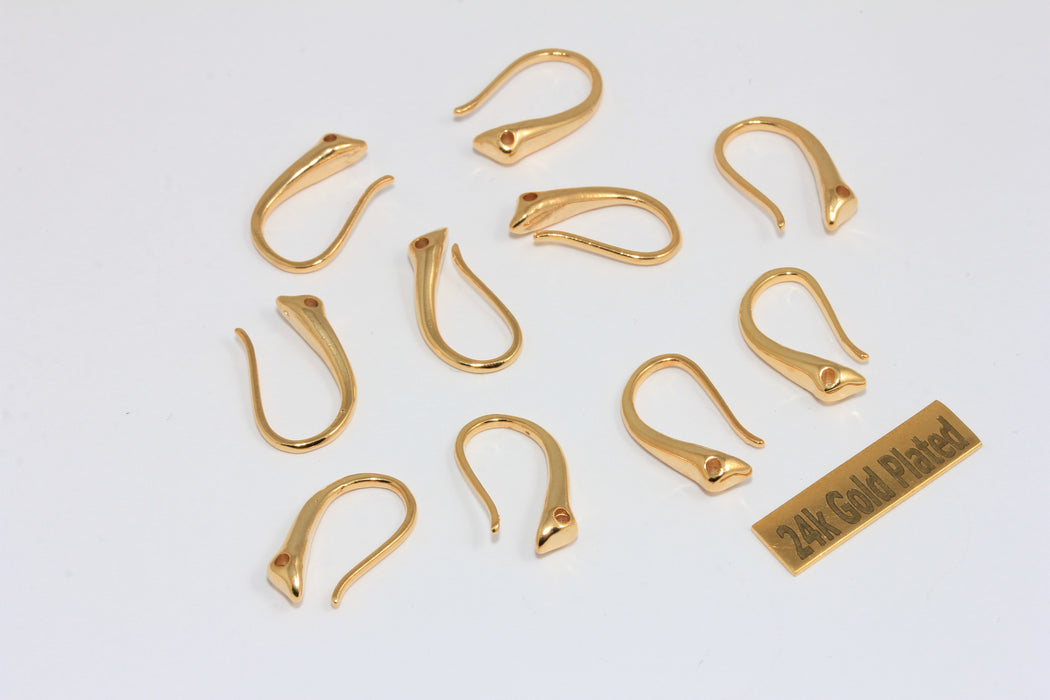 8x18mm 24k Shiny Gold Ear Wires, Fish Hooks With Loop, Earring Settings, MGN136