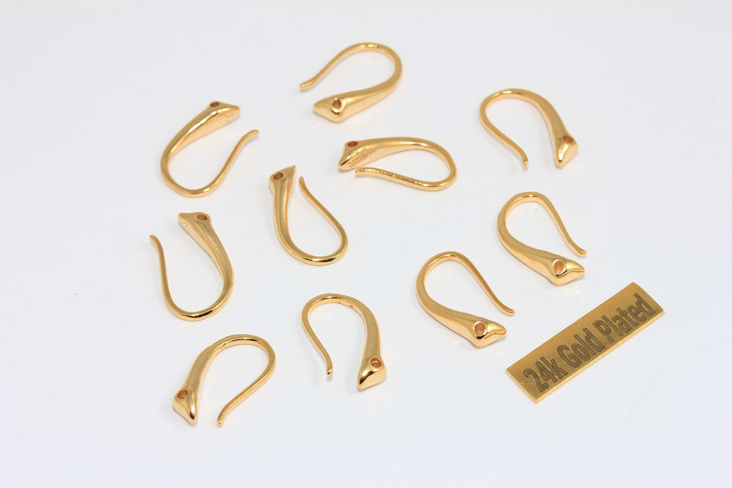 8x18mm 24k Shiny Gold Ear Wires, Fish Hooks With Loop, Earring Settings, MGN136