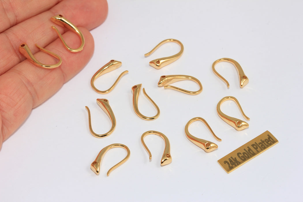 8x18mm 24k Shiny Gold Ear Wires, Fish Hooks With Loop, Earring Settings, MGN136