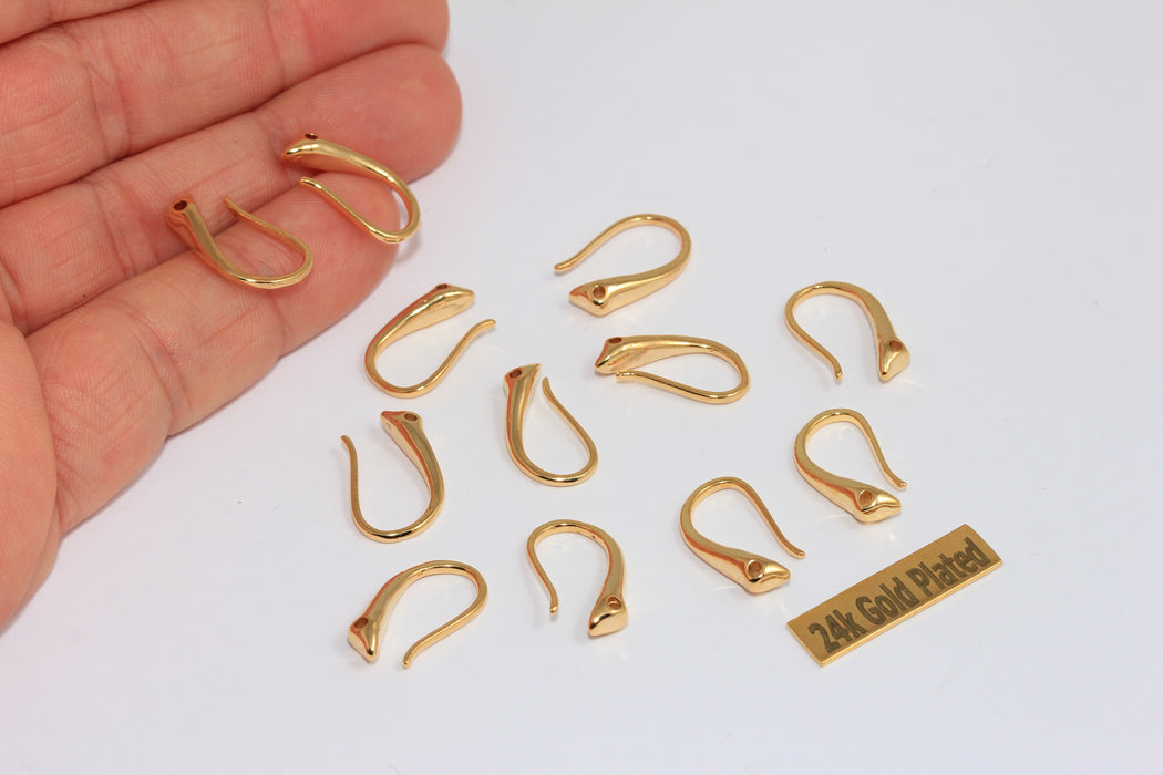 8x18mm 24k Shiny Gold Ear Wires, Fish Hooks With Loop, Earring Settings, MGN136