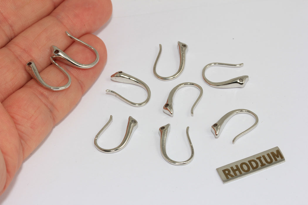 8x18mm Rhodium Plated Ear Wires, Fish Hooks With Loop, Earring Settings, MGN129