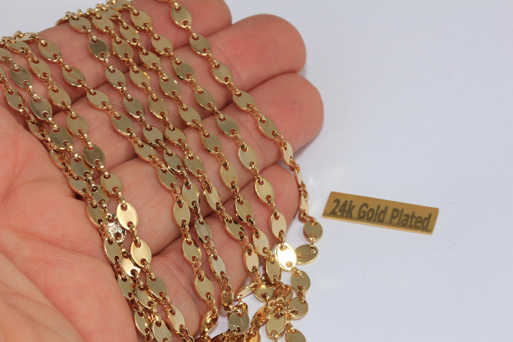 4,5x6mm 24 ayar Parlak Altın Oval Çubuk Zincir, Choker Çubuk Zincir, CHK458