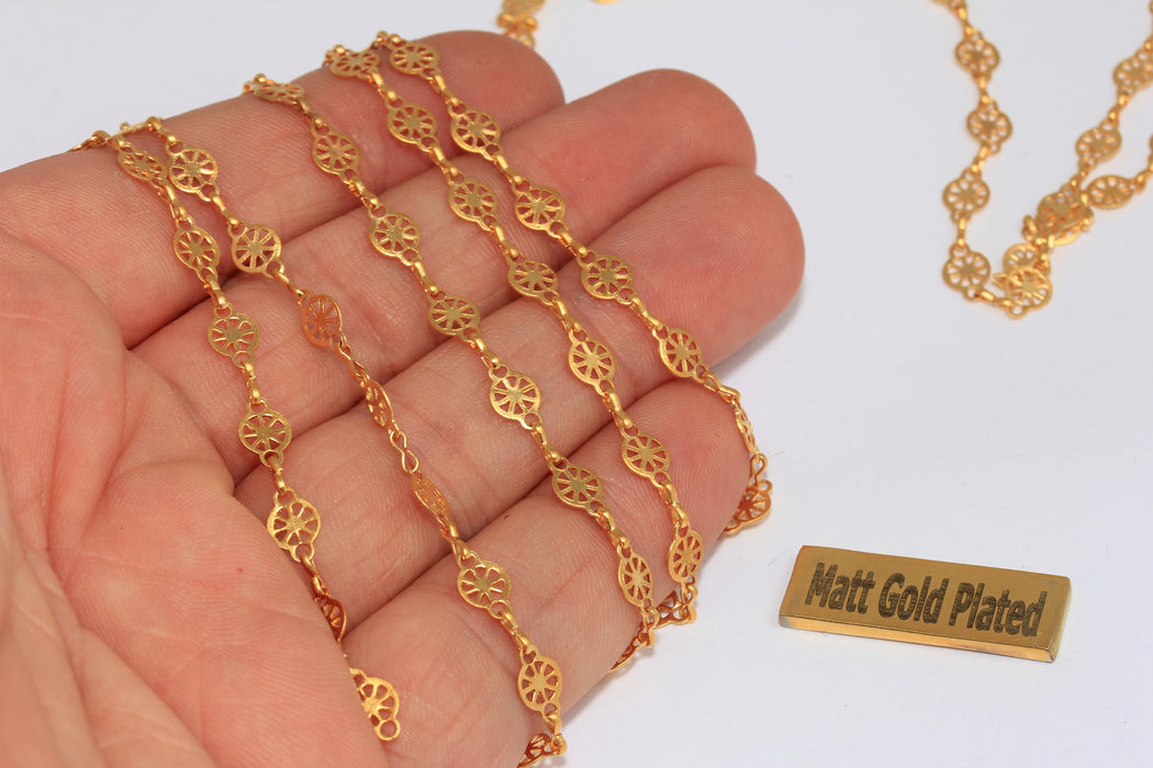 5mm 24k Matt Gold Bar Chain, Wheel Charm Chain, Vintage Necklace Chain, BXB51-3