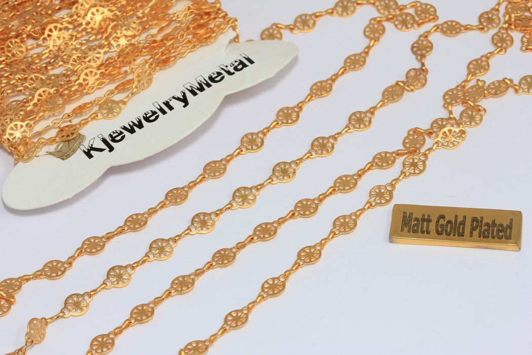 5mm 24k Matt Gold Bar Chain, Wheel Charm Chain, Vintage Necklace Chain, BXB51-3