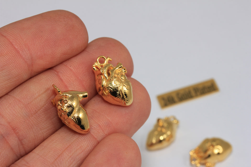 10x17mm 24k Shiny Gold Cardium Human Heart Charm, Minimalist Anatomical Heart Charm, MTE723