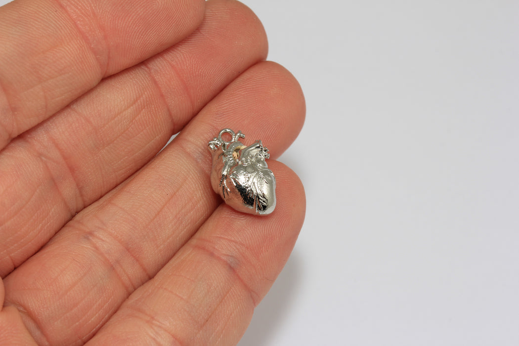 10x17mm Rhodium Plated Cardium Human Heart Charm, Minimalist Anatomical Heart Charm, MTE40