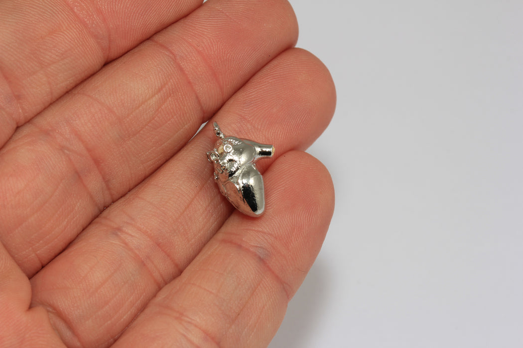 10x17mm Rhodium Plated Cardium Human Heart Charm, Minimalist Anatomical Heart Charm, MTE40