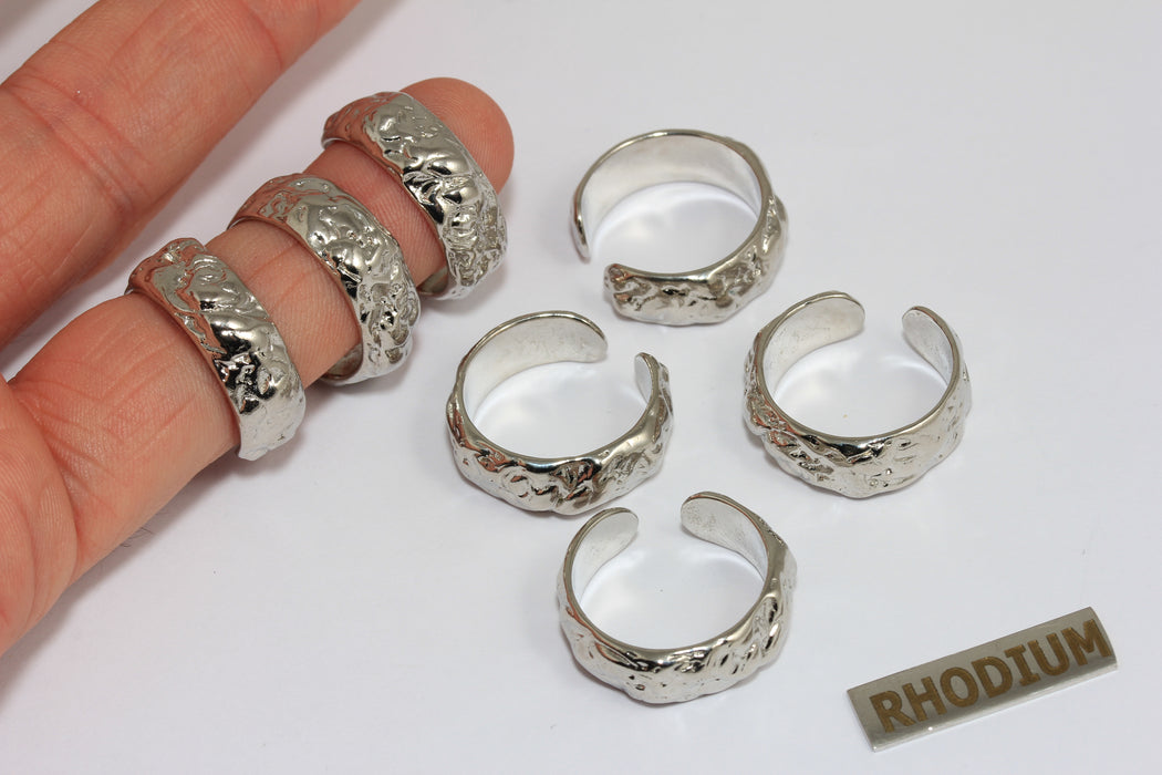 17-18mm Rhodium Plated Ring, Adjustable Ring Settings, Textured Cuff Rings, Band Ring, MGN134