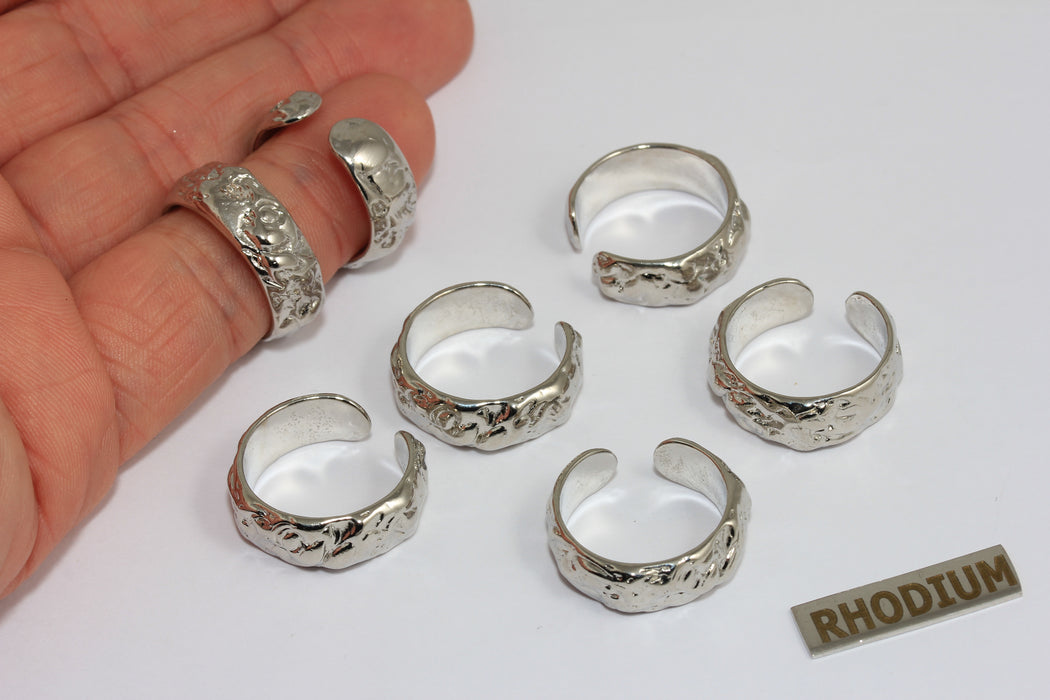 17-18mm Rhodium Plated Ring, Adjustable Ring Settings, Textured Cuff Rings, Band Ring, MGN134