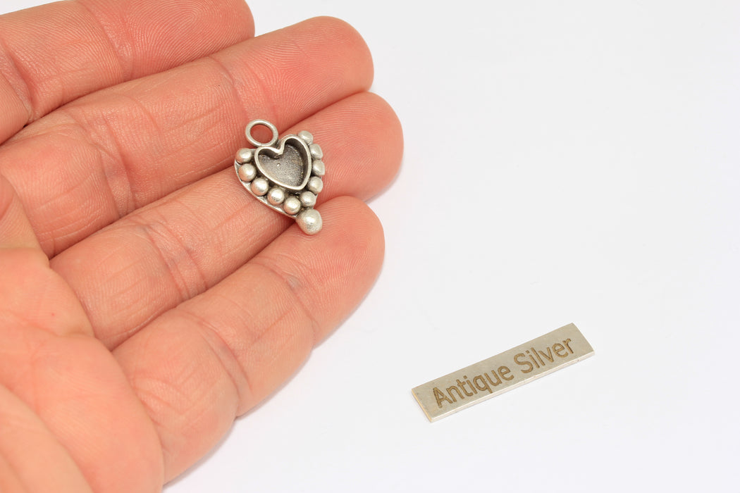 16x16mm Antique Silver Heart Charms, Bezel Cabochon Heart Settings, Jewelry Making, MGN152