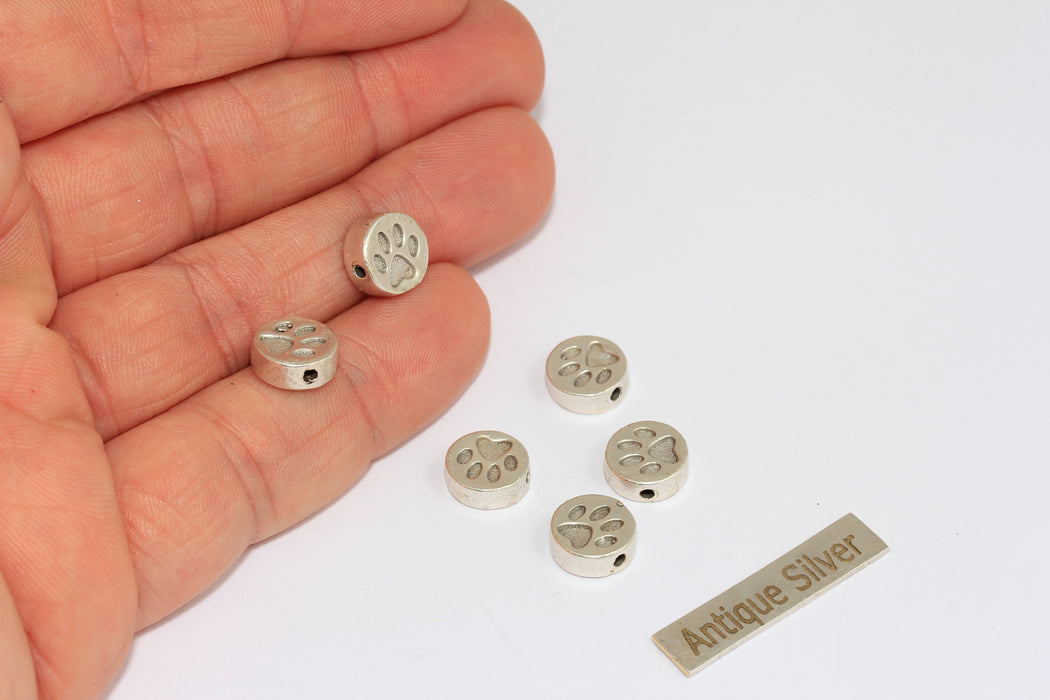 3,5x7mm Antique Silver Cat Disc, Paw Coins, Paw Bracelet Charms, Sliding Beads, MGN140