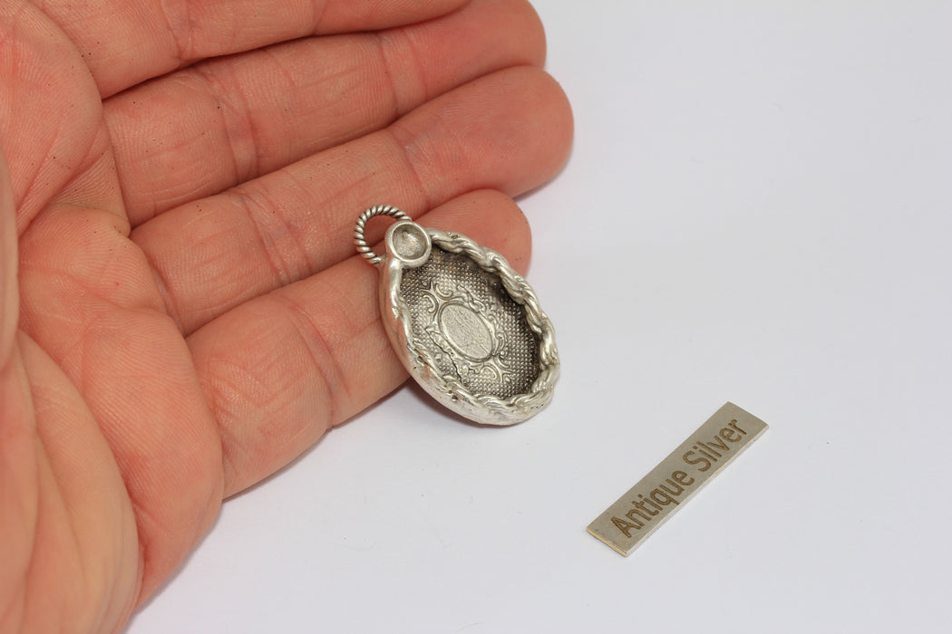 16x21mm Inner Size Antique Silver Oval Cabochon Charms, Bezel Medallion Pendant, Bezel Settings, MGN142