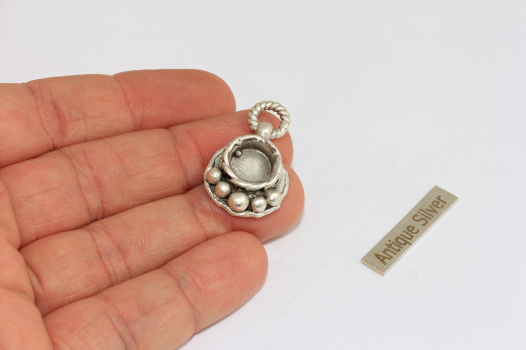 9mm Inner Size Antique Silver Round Bezel Frame Charms, Cabochon Settings, MGN148