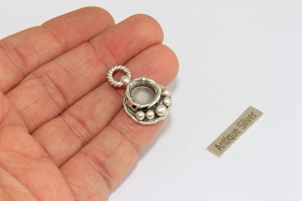 9mm Inner Size Antique Silver Round Bezel Frame Charms, Cabochon Settings, MGN148