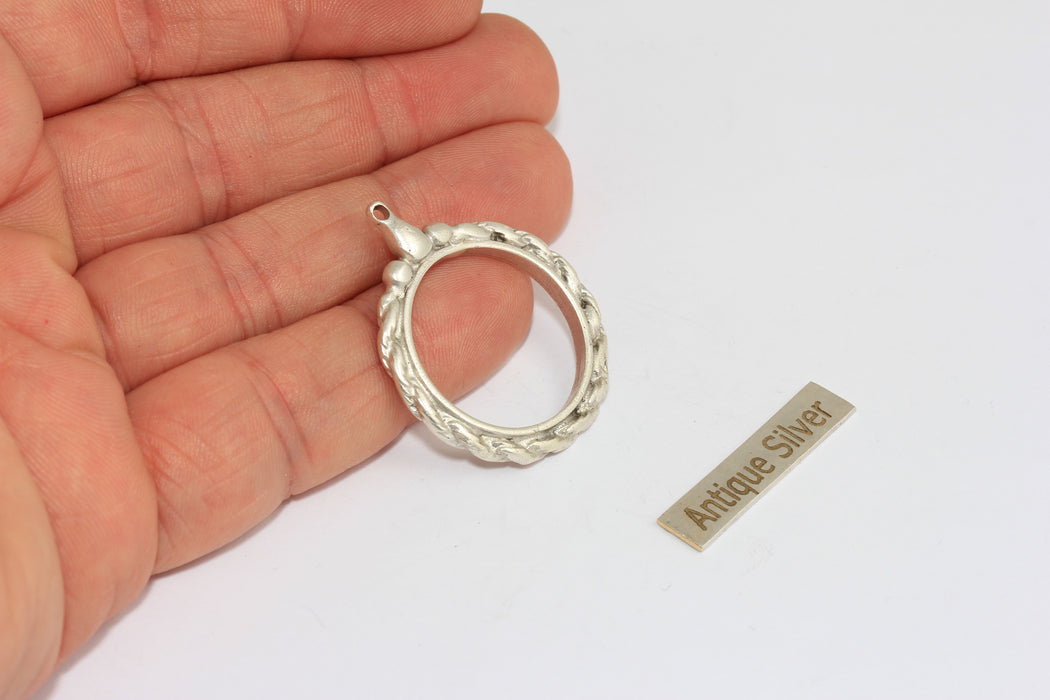 30mm Antique Silver Round Frame Medallion, Medallion Necklace Pendant, FR, MGN146