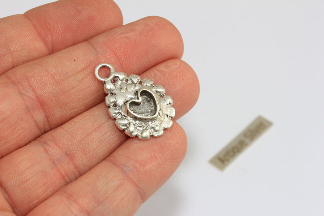 5x7mm Antique Silver Heart Charms, Heart Bezel Pendant Settings, Jewelry Making Supplies, MGN155