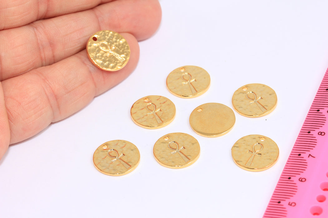 15mm 24k Shiny Gold Ankh Charms, Ankh Hammered Coin Beads, BXB318-3