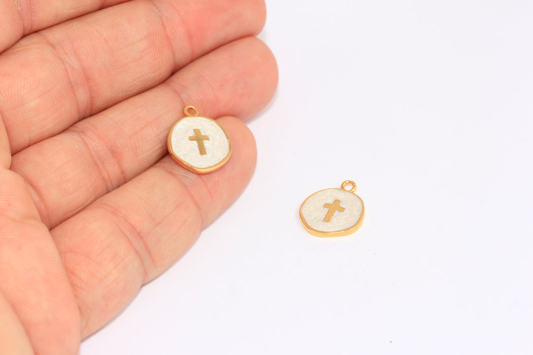 13,5mm 24k Shiny Gold Cross Charms, White Pearl Enamel Charm With Cross, BXB335-4