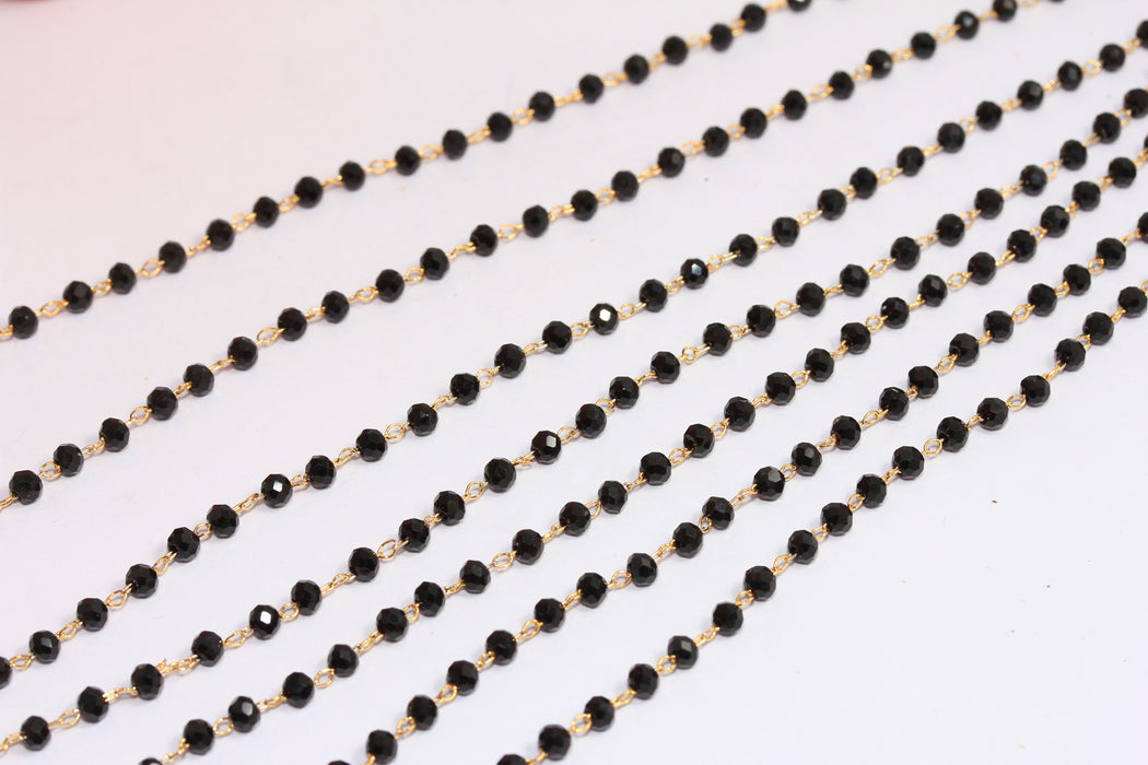 3mm 24k Shiny Gold Crystal Chains, Black Beaded Rosary Chains, BXB324