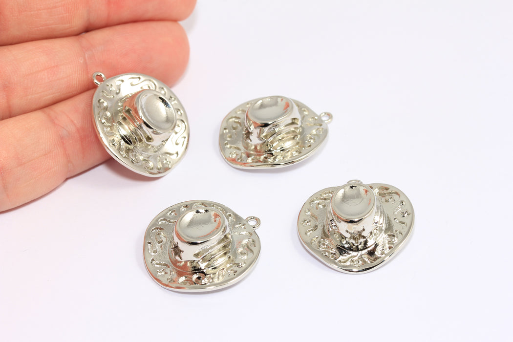 24x25 mm Rodyum Kaplamalı Kovboy Takıları, Gümüş Kovboy Şapka Takıları, BXB257-7
