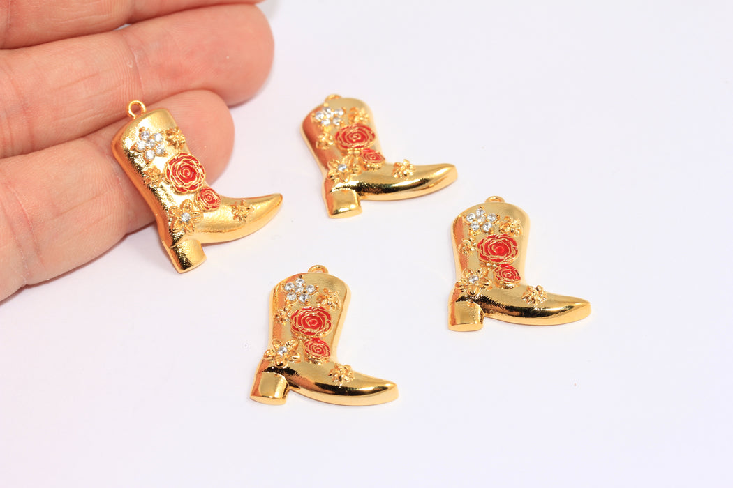 20x24 mm 24 Ayar Parlak Altın CZ Bot Takıları, Çiçekli Emaye Kovboy Botu, BXB6-2