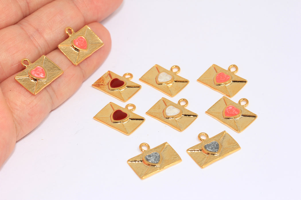 10x17mm 24 Shiny Gold Envelope Charm, Envelope Beads With Enamel Heart,