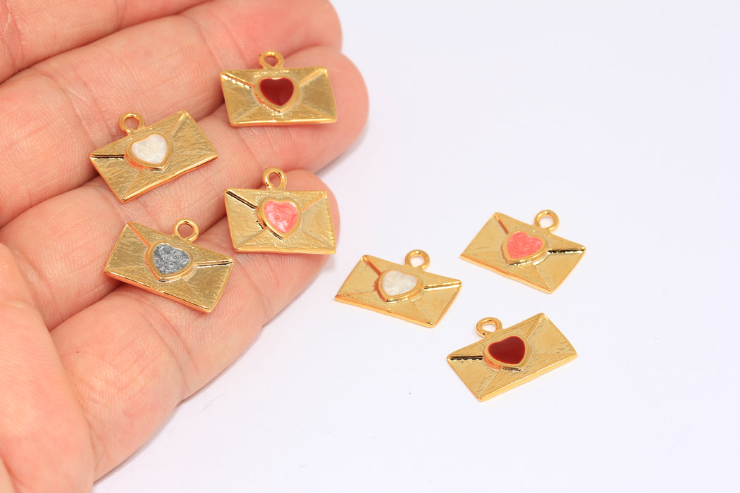 10x17mm 24 Shiny Gold Envelope Charm, Envelope Beads With Enamel Heart,