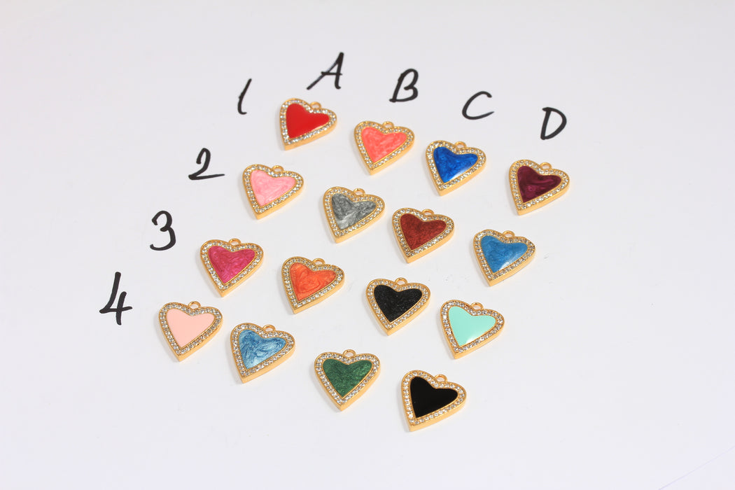 15x18mm 24k Shiny Gold CZ Heart Charms, Micro Pave Enamel Heart,