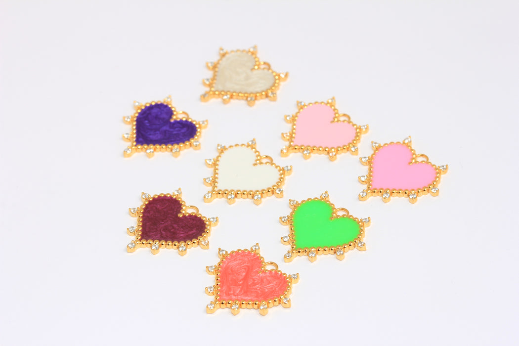 21x22mm 24k Shiny Gold CZ Heart Medallion, Micro Pave Heart Charms, Enamel Heart,