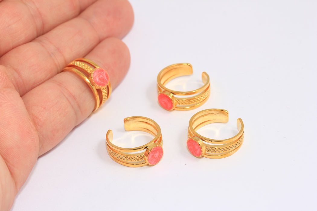 17-18mm 24k Shiny Gold Rings, Pink Drop Enamel Rings, CHK415-2A
