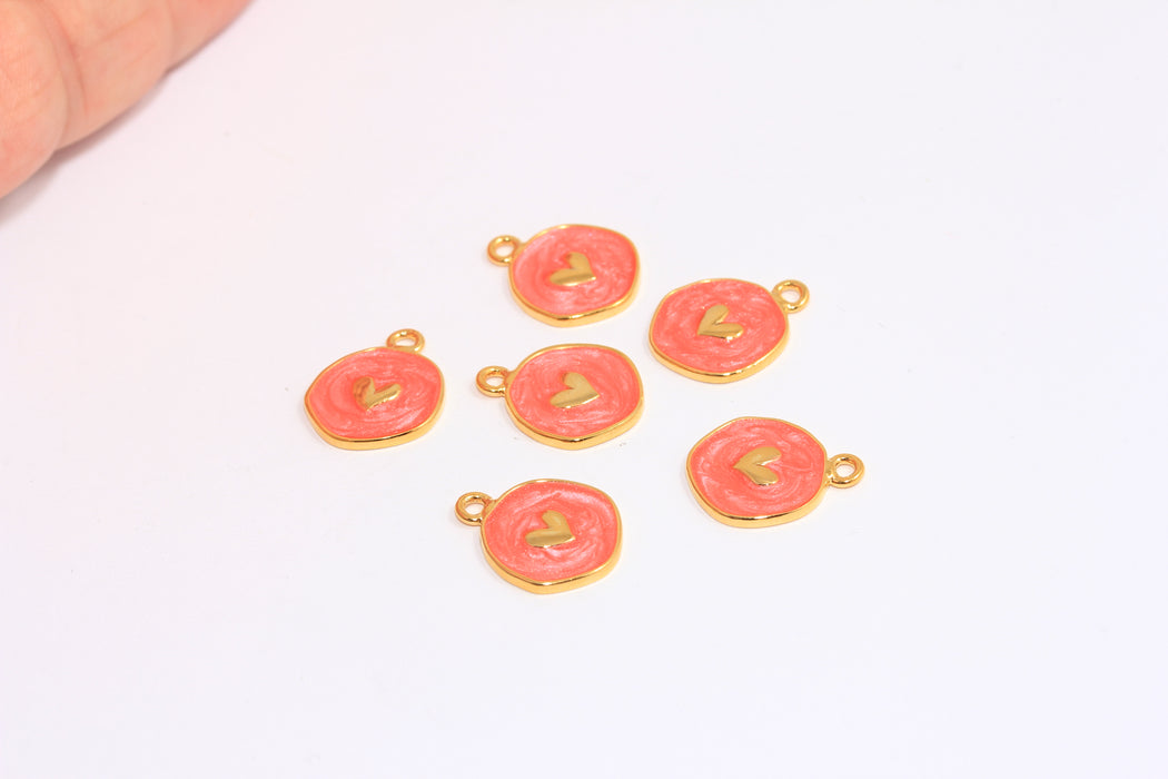 13,5mm 24k Shiny Gold Enamel Heart Charm, Pearl Coral Color Enamel  Heart Coin Beads, CHK415-2B