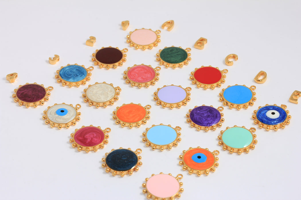 22mm 24k Shiny Gold Plated Sun Pendant, Optional Enamel Color Sun Medallion,