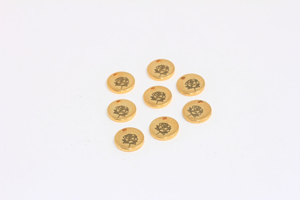 10mm Raw Brass Flower Beads, Disc Charms, Engraved Flower Bracelet Beads, BXB141-5