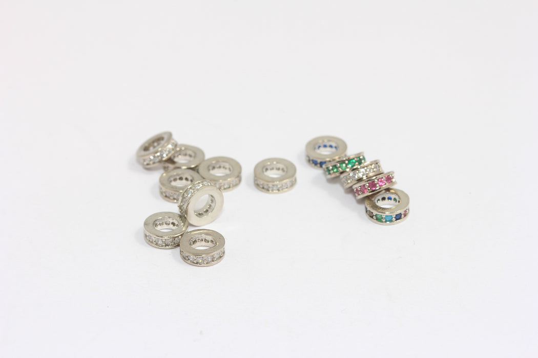 7mm Rhodium Plated Wheel Beads, CZ Micro Pave Round Wheel Beads, BXB8-5