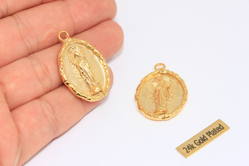 Ciondolo della Vergine Maria in oro lucido 24k da 19 mm, ciondolo della Vergine Maria, collana della Vergine Maria, BRT473
