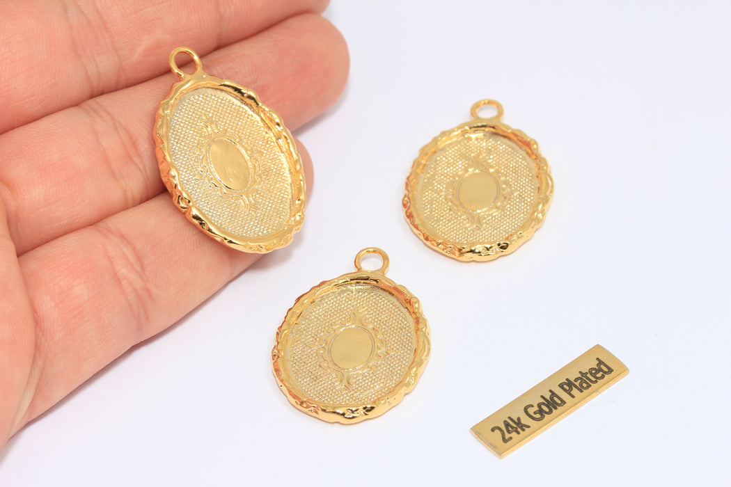 24x35mm 24k Shiny Gold Oval Charms, Frame Bezel Medallion, Cabochon Settings, Vintage Medallion, KDR132