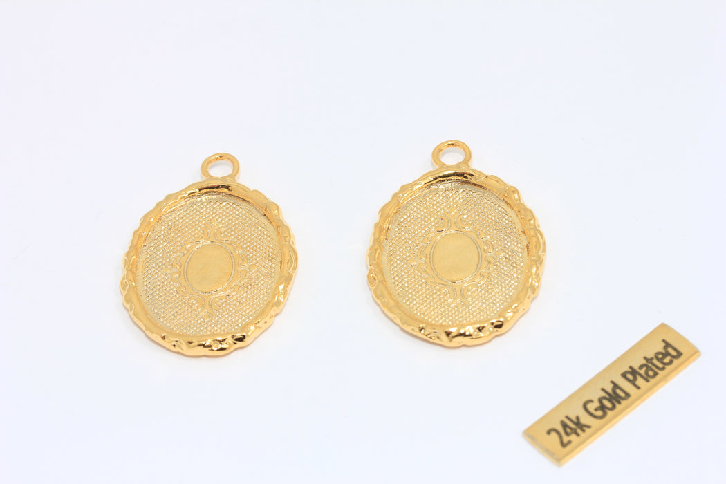 24x35mm 24k Shiny Gold Oval Charms, Frame Bezel Medallion, Cabochon Settings, Vintage Medallion, KDR132