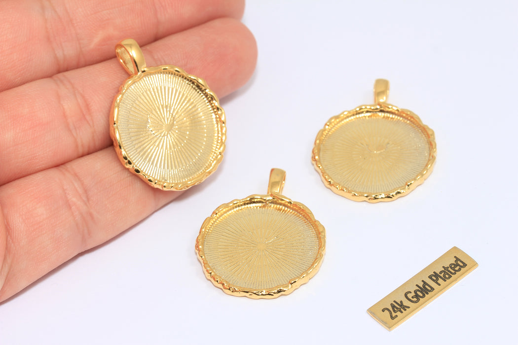 27x34mm 24k Shiny Gold Round Charms, Frame Bezel Medallion, Cabochon Settings, Vintage Medallion, MTE139