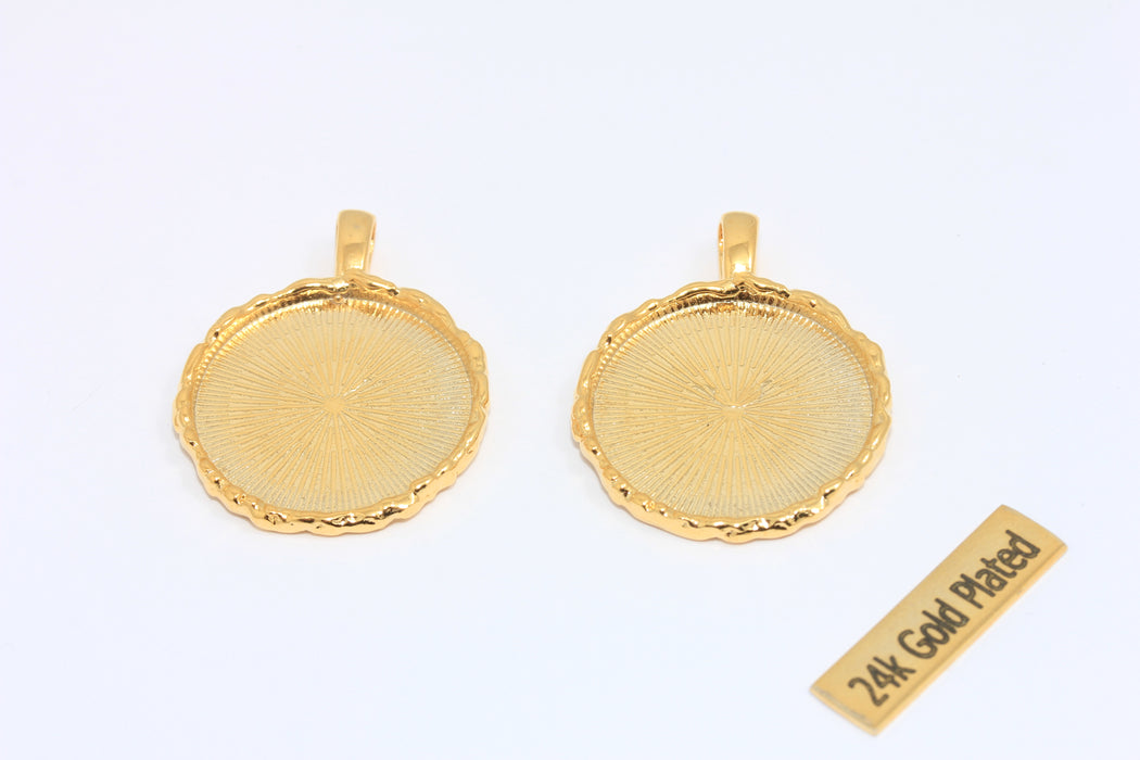 27x34mm 24k Shiny Gold Round Charms, Frame Bezel Medallion, Cabochon Settings, Vintage Medallion, MTE139