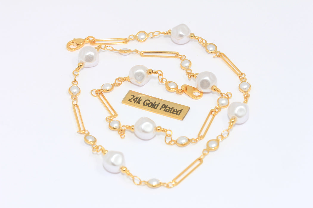 Collana di perle in oro lucido 24k da 19'', collana di perle bianche, BXB52-3