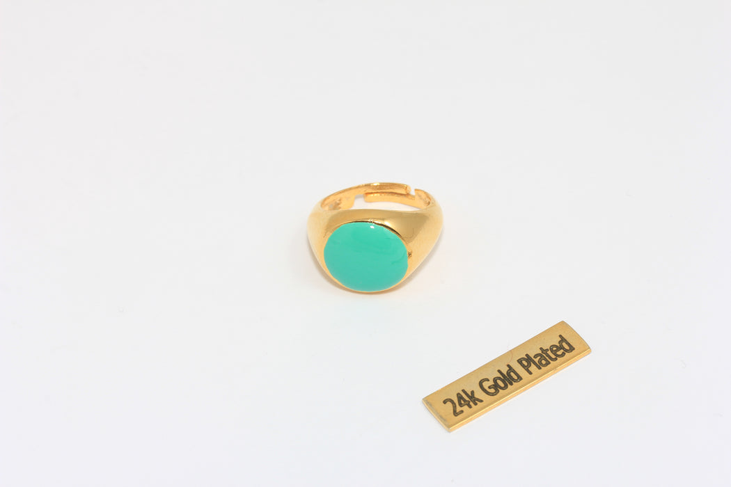 17-18 mm 24 Ayar Parlak Altın Yüzükler, Yeşil Emaye Madeni Para Yüzükleri, Altın Gösterişli Yüzükler, Yuvarlak Yeşil Yüzükler, MTE266