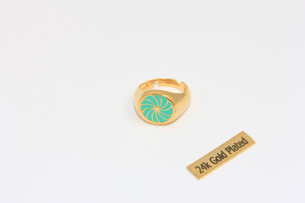 17-18 mm 24 Ayar Parlak Altın Yüzükler, Yeşil Emaye Madeni Para Yüzükleri, Altın Gösterişli Yüzükler, Yuvarlak Yeşil Yüzükler, MTE266
