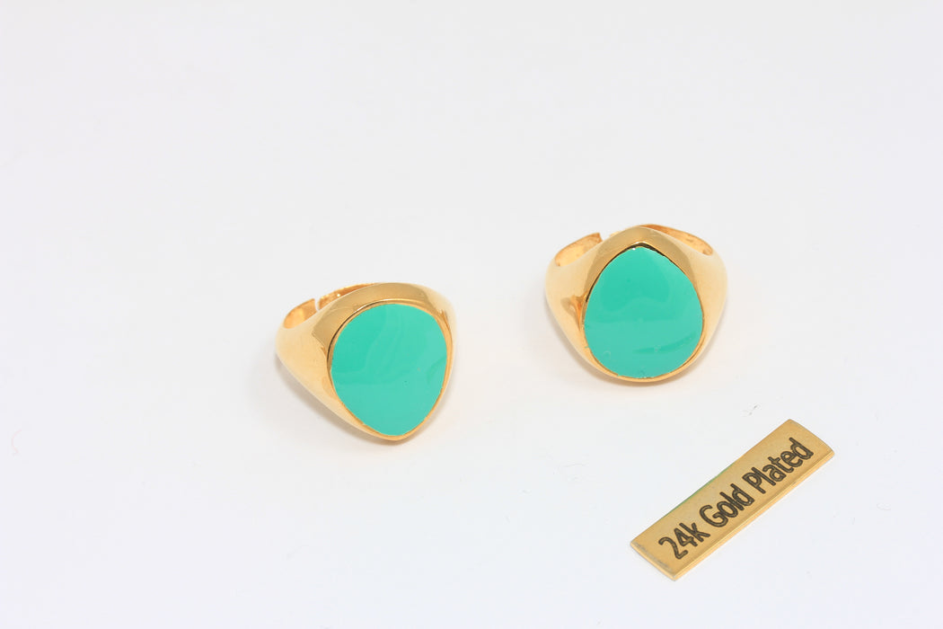 17-18 mm 24 Ayar Parlak Altın Yüzükler, Yeşil Emaye Madeni Para Yüzükleri, Altın Gösterişli Yüzükler, Yuvarlak Yeşil Yüzükler, MTE266
