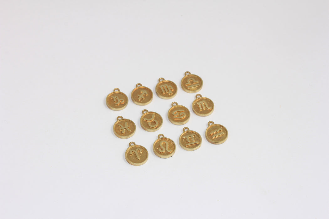 11x14mm Raw Brass Zodiac Signs, Astrology Coin Beads, Horoscope Charms, HRF56-2