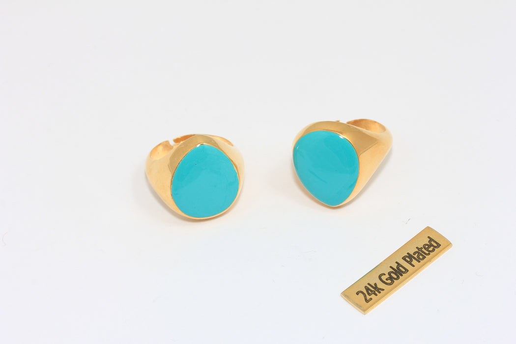 17-18 mm 24 Ayar Parlak Altın Yüzükler, Yeşil Emaye Madeni Para Yüzükleri, Altın Gösterişli Yüzükler, Yuvarlak Yeşil Yüzükler, MTE266