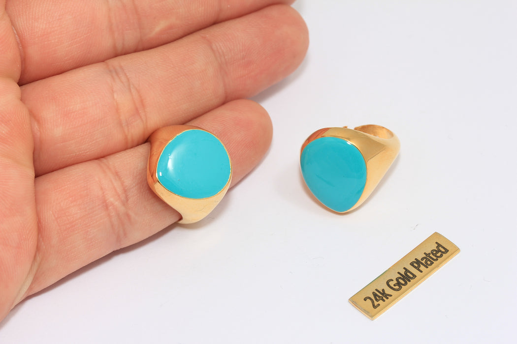 17-18 mm 24 Ayar Parlak Altın Yüzükler, Yeşil Emaye Madeni Para Yüzükleri, Altın Gösterişli Yüzükler, Yuvarlak Yeşil Yüzükler, MTE266