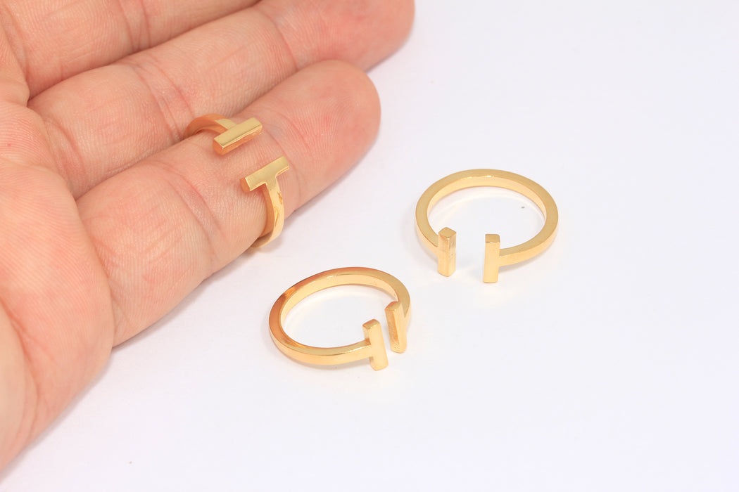 17mm 24k Shiny Gold T Ring, T Bar Open Minimalist Ring, FRB24