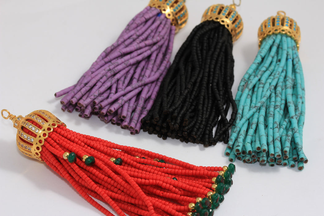 20x80mm 24k Shiny Gold CZ Bead Tassels, Optional Bead Color Afghan Tassels, BXB443