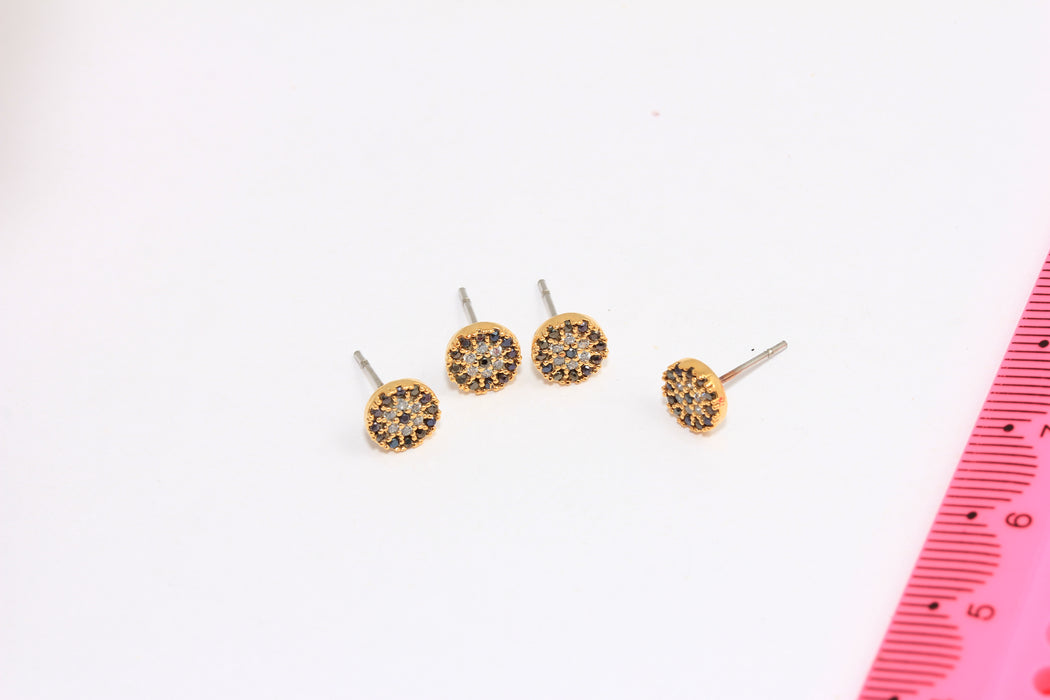 7mm 24k Shiny Gold Stud Earrings, Micro Pave Black Stone Evil Eye Studs, XP186