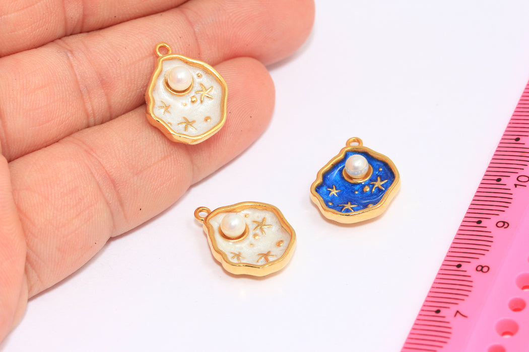 15x17mm 24k Shiny Gold Sea Shell Charm, Enamel Seashell Charm, Pearl In Shell Pendant, XP